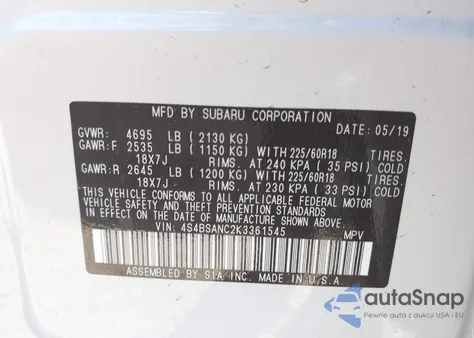 2019 Subaru Outback 2.5I Limited from USA, damaged, VIN 4S4BSANC2K3361545